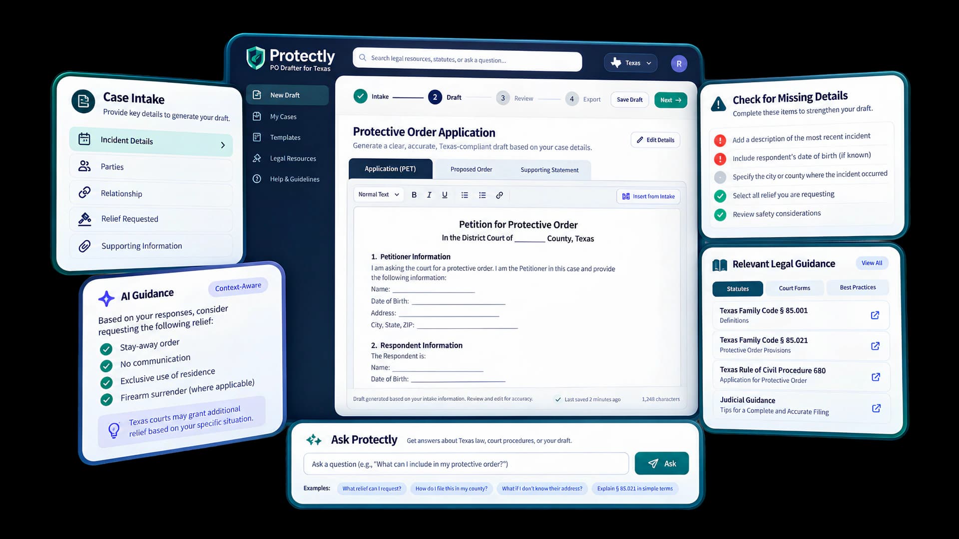 Authentic Protectly protective-order preparation interface with fictional test data