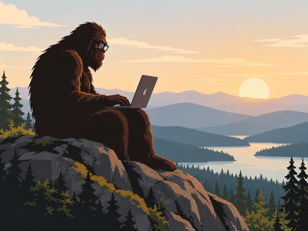 Illustration of Bigfoot wearing glasses and working on a laptop atop a mountain summit at sunset