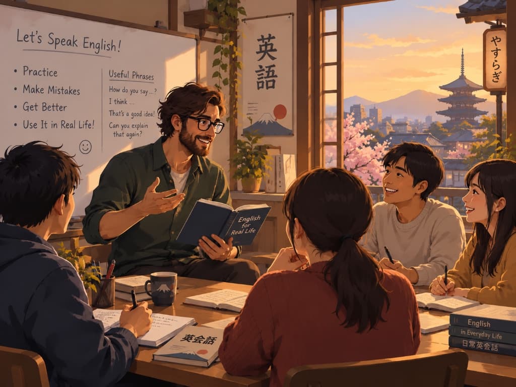 Teacher and students gathered around a table for conversational English practice with language study materials and Tokyo skyline outside