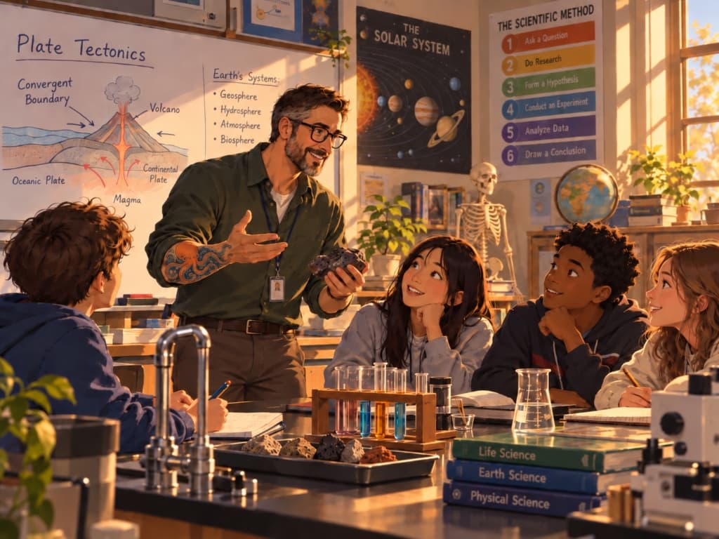 Middle school science teacher discussing a geological specimen at a lab table with students in front of a scientific method chart