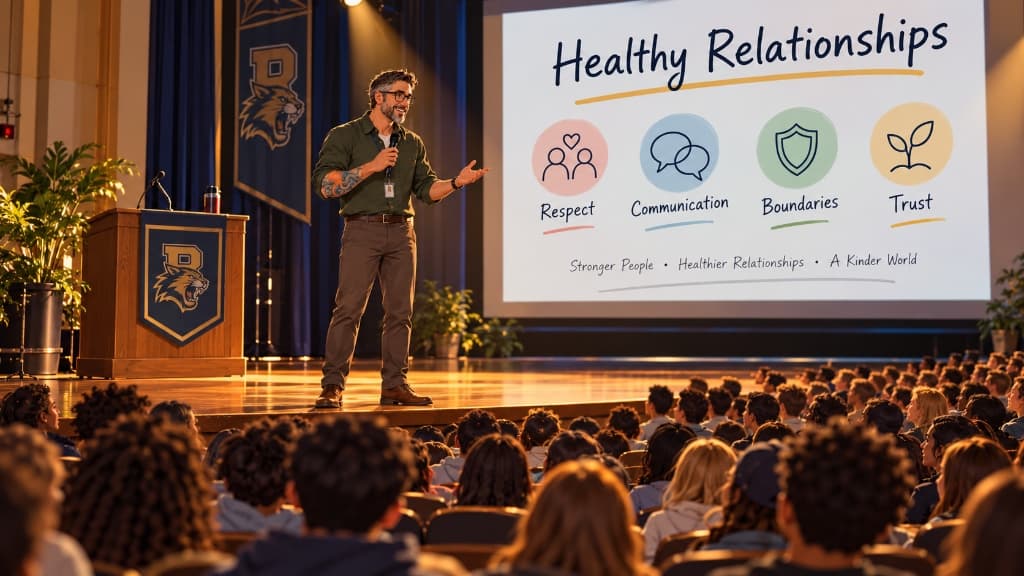 Speaker on stage in a school auditorium presenting healthy relationships concepts to a full audience of students