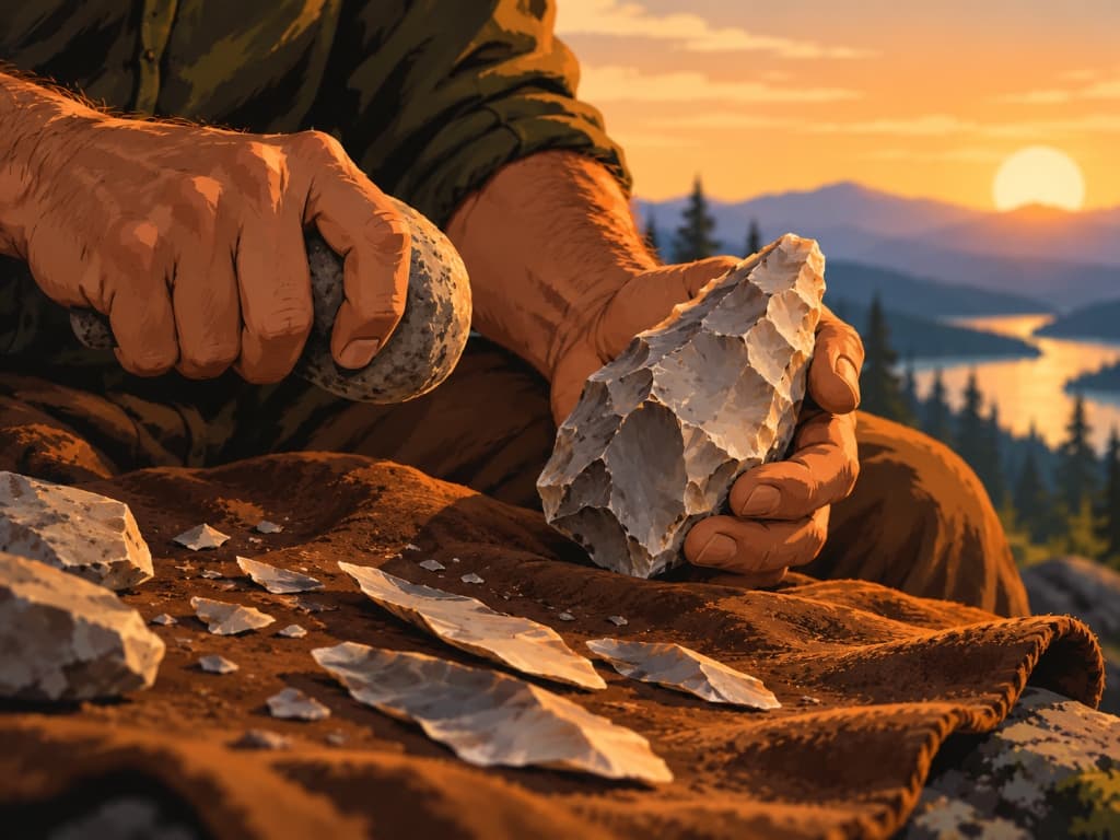 Hands shaping a stone biface with a hammerstone at sunset over a mountain landscape